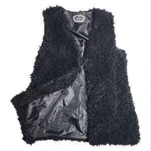 Ambiance Black Faux Fur Vest – Long Shaggy Sleeveless Jacket – Size M, 30”